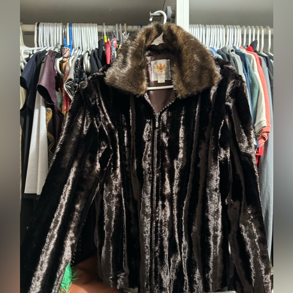 Ameri Mode Chocolate Brown Faux Fur Detachable Collar Rhinestone Women’s sz M